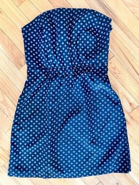 Club Monaco Strapless Navy Blue Dress with White Geo Print